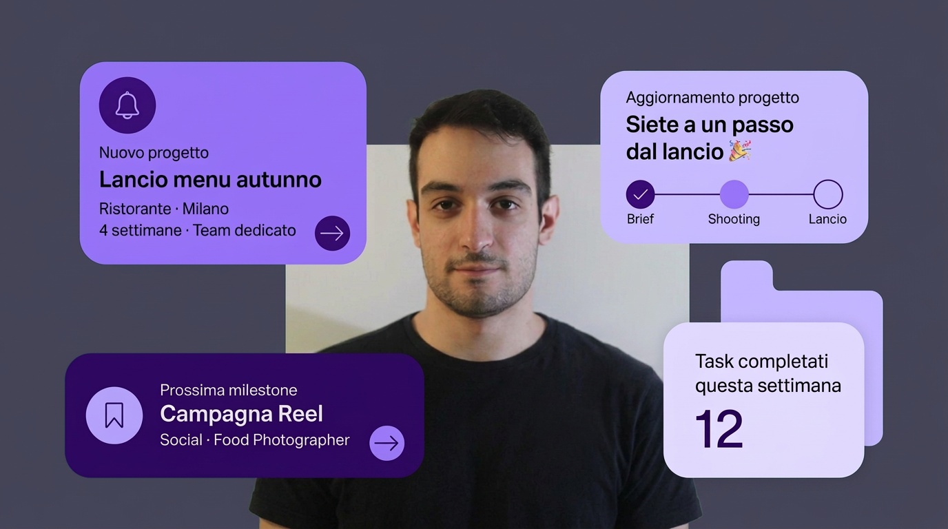 Davide, project manager Hooop, con le card di avanzamento di un progetto food & beverage